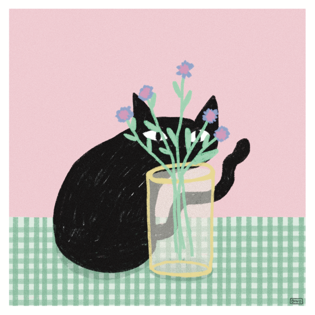 digital art of a black cat hiding behind a vase of flowers