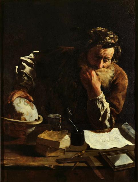 "Archimedes Thoughtful - Portrait of a Scholar (Archimedes?)" by Domenico Fetti (~1620).

Domenico Fetti, Public domain, via Wikimedia Commons. Color edits.