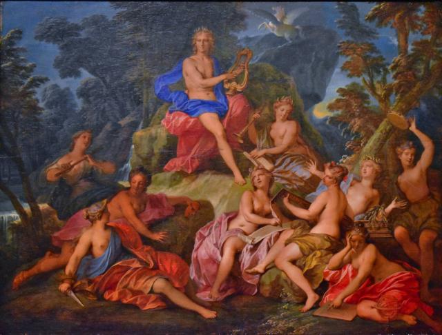 "Apollo and the Muses" by Nicolas Bertin (before 1736).

Nicolas Bertin, Public domain, via Wikimedia Commons. Color edits and cleanup.
