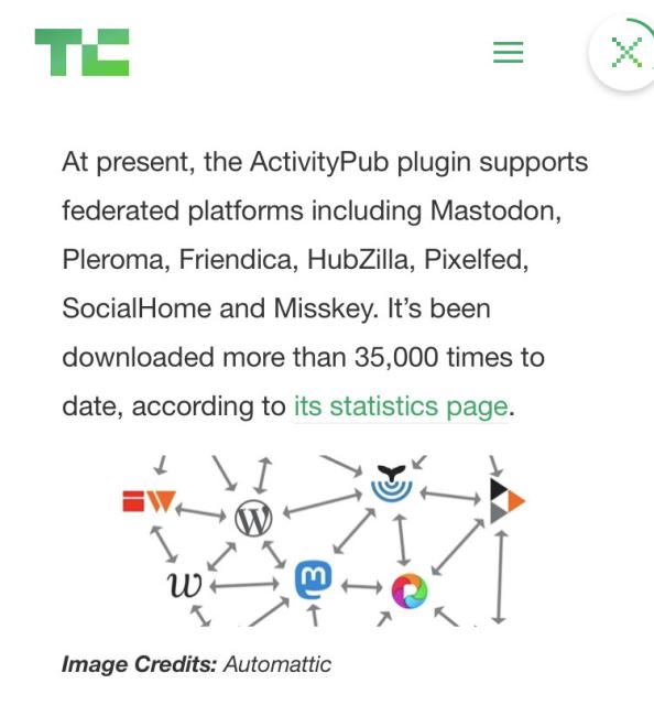 screenshot of a techcrunch article about the activitypub wordpress plugin