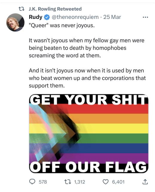 Screenshot of Twitter where JK Rowling Retweeted an image of the Progressive Pride flag with the trans and black and brown stripes scrubbed out and the caption “get your shit off our flag”