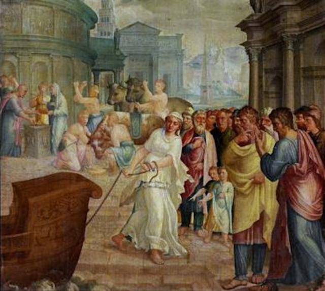 "Claudia Quinta" by Lambert Lombard (before 1566).

Lambert Lombard, Public domain, via Wikimedia Commons. Color edits.

Higher but not great quality: https://arthive.com/artists/96487~Lambert_Lombard_15051566/works/656630~Claudia_Quinta_tows_Cybeles_ship_dressed_as_a_vestal_virgin