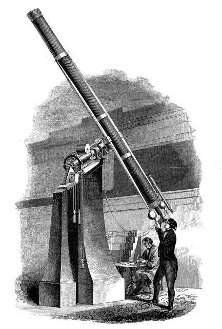 "Engraving from Smith's Illustrated Astronomy from 1848 of the Cincinnati Observatorys 11 inch Merz and Mahler refracting telescope installed in 1843."

Smith's Illustrated Astronomy, Public domain, via Wikimedia Commons.