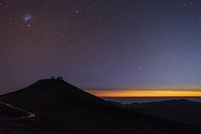 "Comets and Shooting Stars Dance Over Paranal"; a meteor with Comet C/2011 L4 (Pan-STARRS) and Comet C/2012 F6 (Lemmon) taken March 5, 2013 by ESO Photo Ambassador Gabriel Brammer.

ESO/G. Brammer, CC BY 4.0, via Wikimedia Commons. 