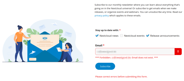 The Nextcloud newsletter form which prevents using a valid email address for subscription.