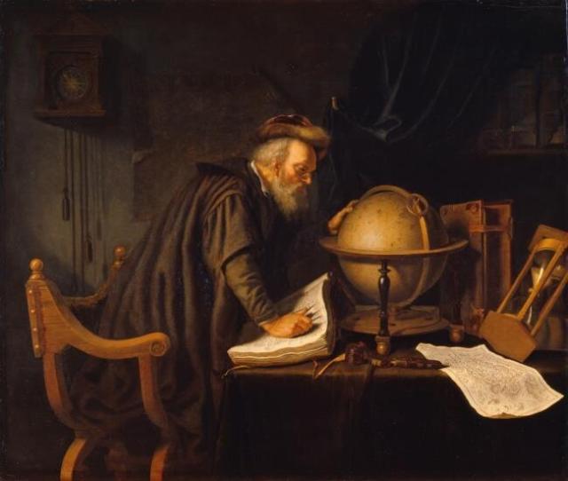 "Old Man with a Globe" by Gerard Dou (~1650s).

Gerrit Dou, Public domain, via Wikimedia Commons.