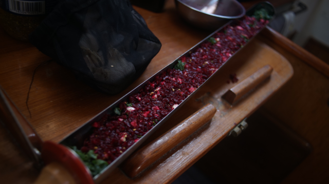 A vacuum tube solar cooking tray with beets.