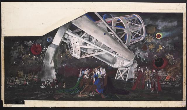 "Astronomy" by Alfred Reginald Thomson (1953).

"Design sketch for a mural for the front entrance stairwell of the Science Museum, on the theme of Astronomy; Galileo and the telescope of Mount Palomar among planetary system and signs of zodiac. Commissioned by Science Museum."

Science Museum Group, CC BY-NC-SA 4.0 via Astronomy. 1953-477 Science Museum Group Collection Online. https://collection.sciencemuseumgroup.org.uk/objects/co65228/astronomy-watercolour-painting