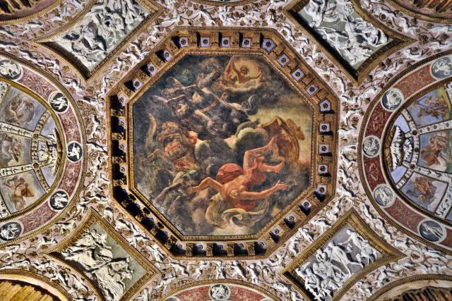 "The Fall of Phaeton" by Agostino da Mozzanica and help (~1527-1528) at the Palazzo del Te.

Sailko, CC BY 3.0, via Wikimedia Commons. Color edits.