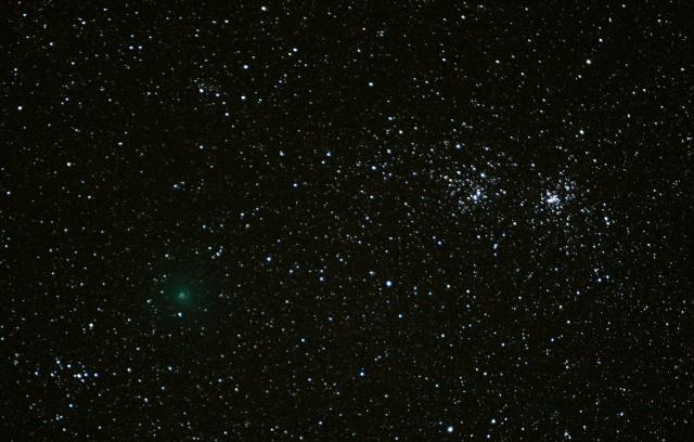 Comet 103/p Hartley and the Double Cluster in Perseus on October 9, 2010.

Robogun at English Wikipedia, CC BY-SA 3.0, via Wikimedia Commons. Color edits.