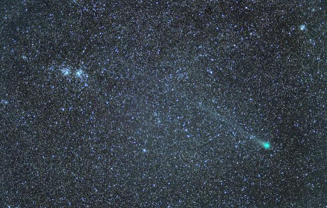 Comet C2014/Q2 (Lovejoy) and the Perseus Double Cluster on February 27, 2015.

Juan lacruz, CC BY-SA 4.0, via Wikimedia Commons.