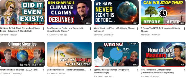 Screenshot showing a few of the videos available on the All about Climate Youtube channel