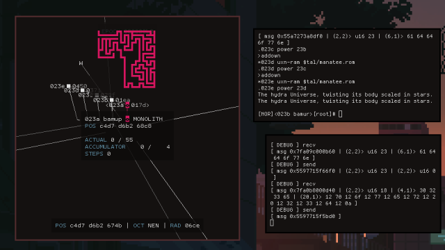 Two terminals and the graphical interface of doldrusidus showing mazes being generated inside a monolith, and a secret text slowly being deciphered.

The secret text is: "The hydra Universe, twisting its body scaled in stars".