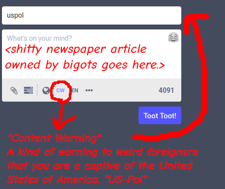 Mastodon web post box example of a post that has the content warning "uspol" with helpful guide explaining usage. "Content Warning" A kind of warning to weird foreigners that you are a Captive of the United States of America. "US-Pol". The "CW" button is circled in red and red arrows show you where to fill in the content warning textbox. Inside the post contents box is "Shitty newspaper article owned by bigots goes here".