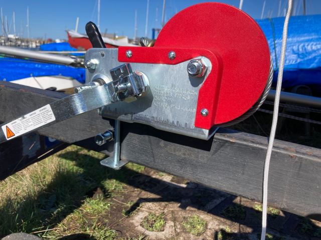 winch with red drum on a boat trailer 