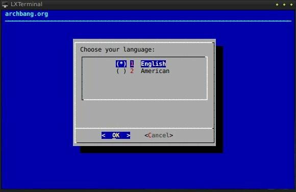 A screenshot from an installation screen of an old version of Archbang.
It reads "Choose your language: 1 - English 2- American"