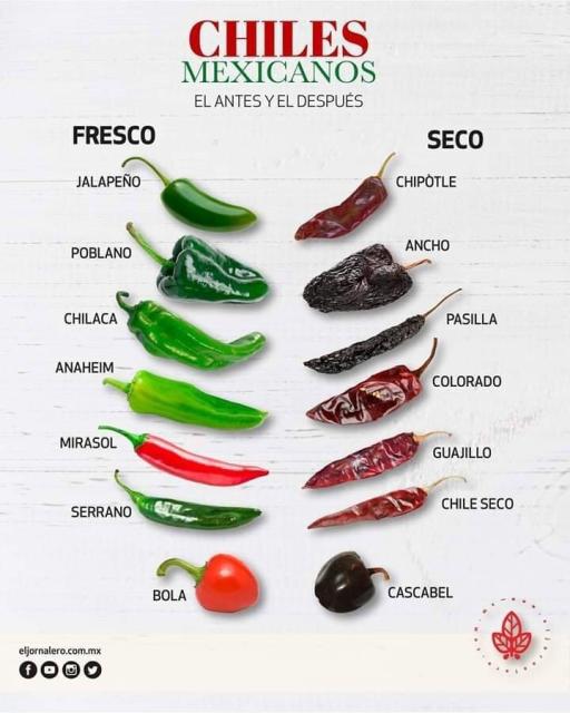 This publicly-available infographic from El Jornalero, a Mexican agricultural communications company, gives a simplified overview of some of the most common names of Mexican capsicum peppers and their chiles.