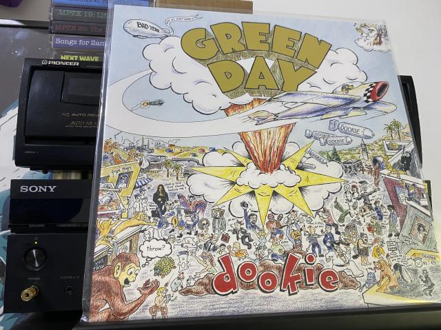 The album cover for Green Day’s Dookie. ￼ It’s a crayon style illustration of a city in chaos.