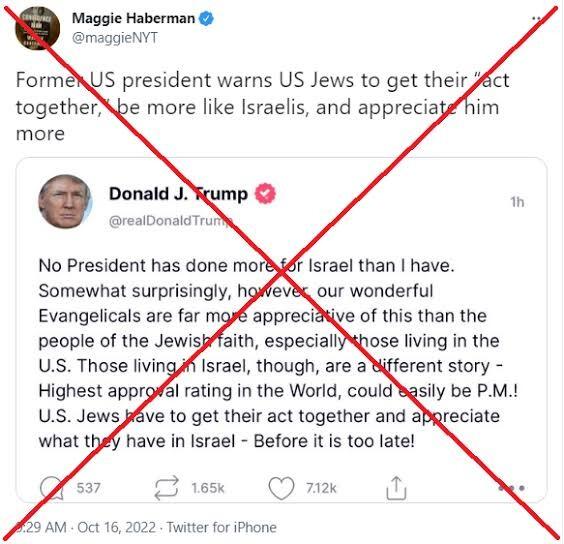tweets of propaganda by DJT and NYT's Maggie Haberman amplifying the propaganda with a large red cross over the whole image. From emptywheel.