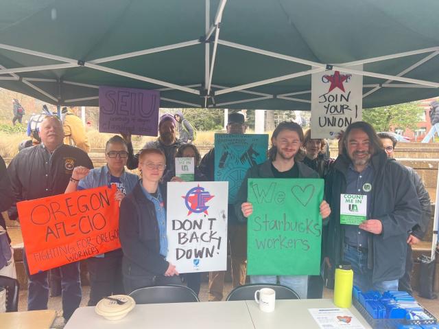 The workers united, will never be divided! Representatives from all the unions on the UO Campus: GTFF, UA, UOSW, SEIU, SBux United, and Teamsters stand together in solidarity
