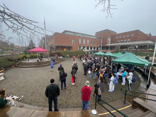 A large crowd of unionists and supporters gathered in the EMU Amphitheater celebrating campus labor!
