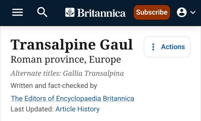 Screenshot of the Encyclopedia Britannica article for Transalpine Gaul
