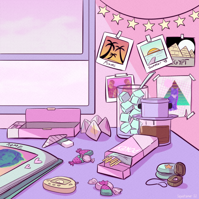 Vaporwave style drawing of a cluttered desk in 90s-era knick knacks and candy