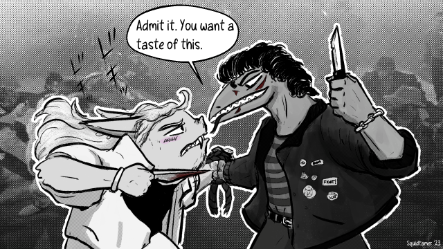My OCs, Bladimus and Roald, in the knife fight from Beat It. Road is saying "Admit it. You want a taste of this."