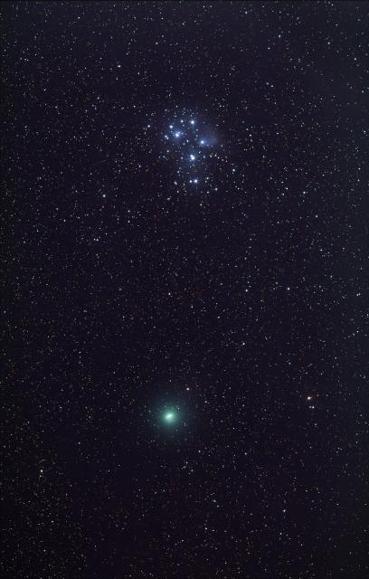 "Comet 46/P Wirtanen and the Pleiades on December 16, 2018."

Stephen Rahn, Public Domain via Flickr: https://flic.kr/p/2dxguhs