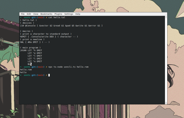 terminal showing the source code of a simple hello world rom, afterward it shows the output of running it with my Typescript emulator