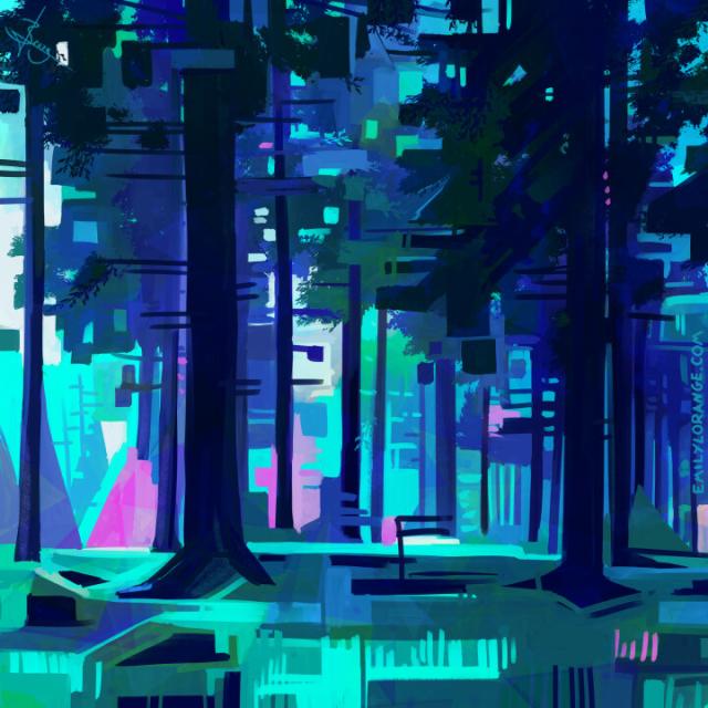an abstracted painting of a dark forest in blues and teals, with highlights of magenta. most of the shapes have been reduced to lines and rectangles