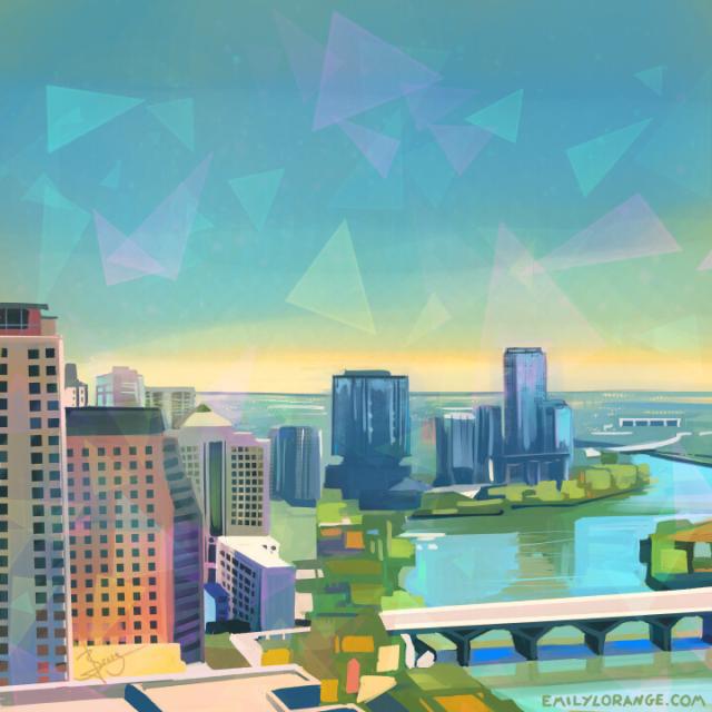 an abstracted painting of a city skyline during the day, showing a cloudless blue sky, and many skyscrapers on the edge of a river tinged green. most shapes have been reduced to lines and rectangles.
