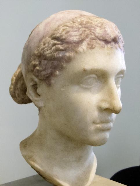 The Berlin Cleopatra, a Roman sculpture of Cleopatra VII wearing a royal diadem, mid-1st century BC (around the time of her visits to Rome in 46–44 BC), discovered in an Italian villa along the Via Appia. Altes Museum, Berlin, Germany. Public Domain