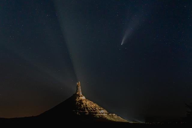 "Comet NEOWISE over Chimney Rock."

Greg Robbin, CC BY-SA 4.0, via Wikimedia Commons.