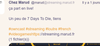 a picture of an owncast message on the fediverse with the final hashtag right next to the stream link