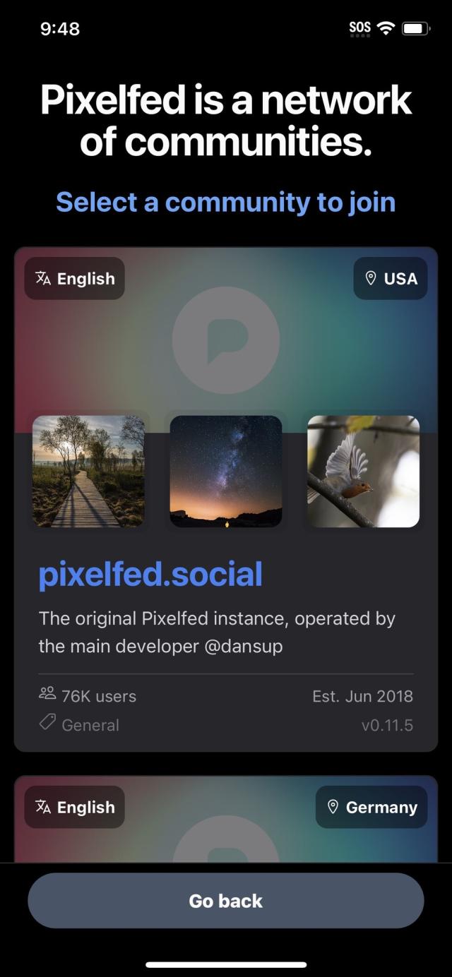 Signup screen for PixelFed - showing pixelfed.social up the top, followed by a list of other communities.
