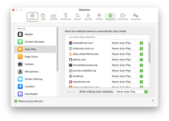 Screenshot of Mac Safari preferences panel.