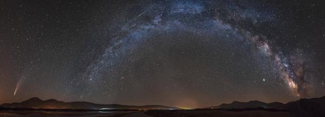 "Panorama Milky-way and comet NEOWISE and meteor."

Šime Barešić, Public domain via Flickr: https://flic.kr/p/2jooGMp