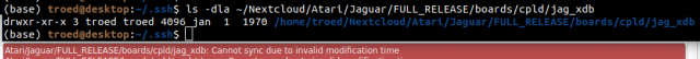 Screenshot of a terminal with ls -dla of a directory showing the modification time being 1st of Jan 1970, and the Nextcloud file sync software saying it cannot sync this directory due to "invalid modification time".