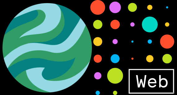 A blue-green swirled marble-like orb (the Biotech Without Borders logo) sits on a black background beside a 5x5 matrix of differently coloured and sized dots with the word "Web" taking the place of the bottom-right 6 dots (Dweb logo)