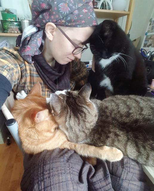 Another front camera view. The two cats on the lap are still lounging, the black tuxedo cat is gently pressing his head to the forehead of Sini, who has her head bent forward. His eyes are closed. There are assorted tangled cat paws. She is wearing a plaid house dress and a head scarf.