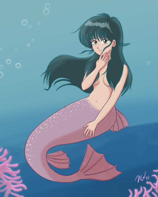 Madoka Ayukawa from the anime Kimagure Orange Road, drawn in my anime-ish cartoonly style, from that one episode where Kyosuke imagined her as a mermaid