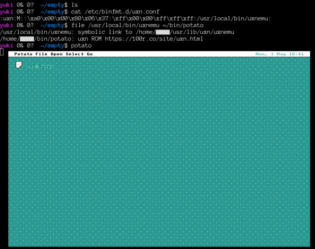 a terminal in the background where i have run 'ls' showing nothing up my sleeves
then the configuration that makes this possible
then the location of the files that are executed including potato.rom renamed and marked executable
then just 'potato' which launches it
and in the foreground, the now-running 'potato' uxn rom

all of that text wouldn't be very fun to screenreader so i'll copy it onto a webpage shortly