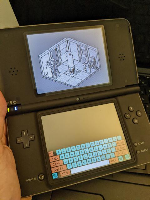 A Nintendo DSiXL with Oquonie running in uxnds with the new updated keyboard on the lower screen.