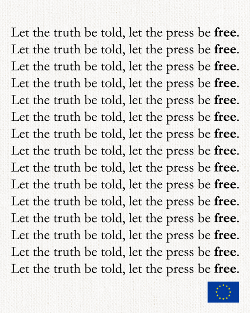 A visual in which the sentence "Let the truth be told, let the press be free." is repeated multiple times, with 'free' marked in bold.