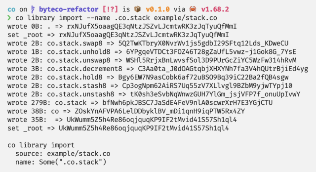 a screenshot of a terminal showing the results of a 'co library import' command, with the output showing a lot of namespaces being mapped to base64 hash strings