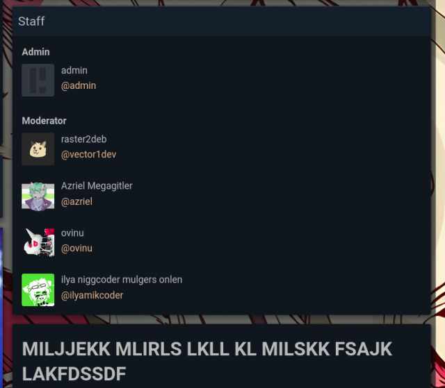 Screenshot of milkers dot online's about page, where we can see vector1dev's, azriel's and ilyamikcoder's fake accounts. They are set as moderators on this instance.