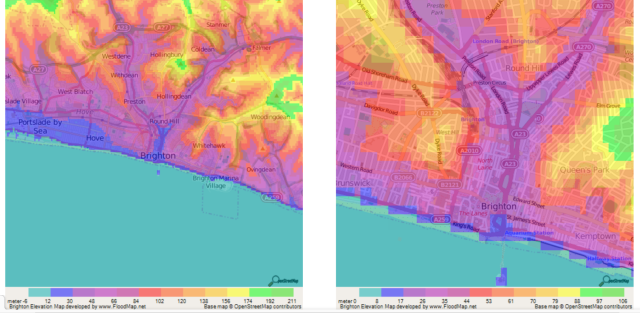 Elevation map of Brighton, UK, showing gradients above sea level as colour-coded areas. This is a coastal city.