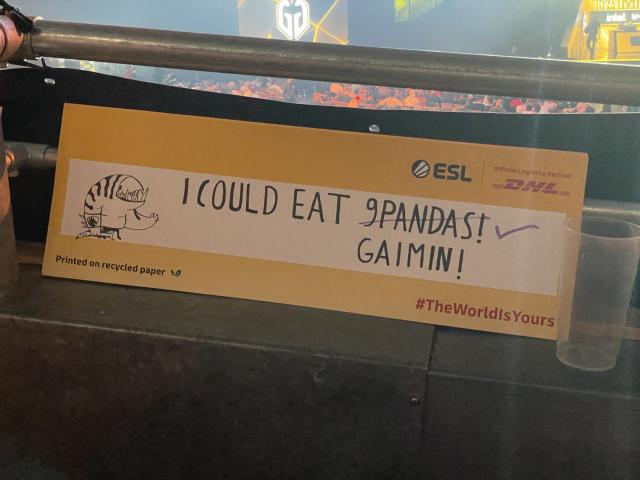A banner with a drawing of Tidehunter and the text “I could eat 9pandas” with “9pandas” crossed out and “Gaimin” written underneath