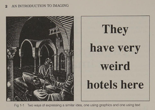 Caption: "Two ways of expressing a similar idea, one using graphics and one using text"

Left: a facsimile of M.C. Escher's "Dream (Mantis Religiosa)", 1935; beneath shaded arches, a priest sleeps on a bed, but an enormous mantis prays over him.

Right: a box with large text reading, "They have very weird hotels here"